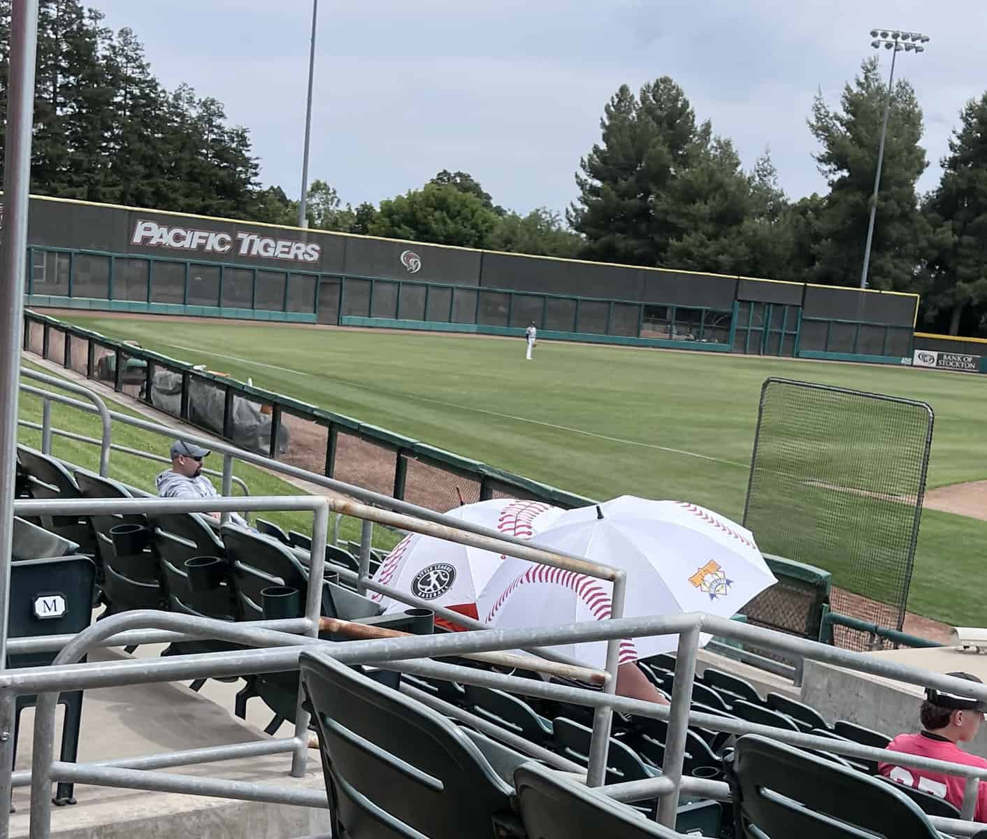 fans use umbrellas for shade at baseball game