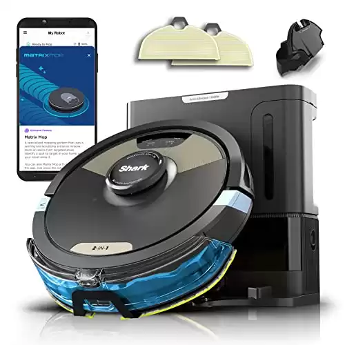 Shark Matrix Plus 2in1 Robot Vacuum & Mop with Sonic Mopping, Matrix Clean, Home Mapping, HEPA Bagless Self Empty Base, CleanEdge, for Pet Hair, Wifi, Works with Alexa, Black/Gold (AV2610WA)