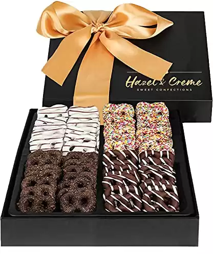 Hazel & Creme Christmas Chocolate Mini Pretzel Gift Basket - Chocolate Covered Pretzels Gift Box - Gourmet Holiday Food Arrangement - Snack Treat (Large Box)