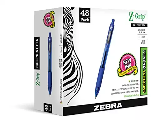 Zebra Pen Z-Grip Retractable Ballpoint Pen, Medium Point, 1.0mm, Blue Ink, 48-Count