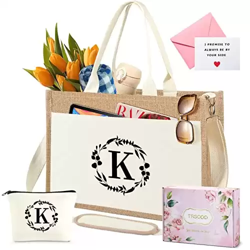 Ju-te Straw Tote Bag for Women, Floral Ini-tial Beach Bag w Makeup Bag, Personalized Friend 40th Birthday Couples Bride Bridal Shower Mom Grandma Gifts w Inner Pocket, Shoulder Strap, Card, Gift Box K