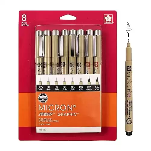 SAKURA Pigma Micron Fineliner Pens - Archival Black Ink Pens - Pens for Writing, Drawing, or Journaling - Assorted Point Sizes - 8 Pack