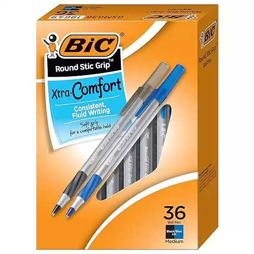 BIC Round Stic Grip Xtra Comfort Assorted Colors Ballpoint Pens, Medium Point (1.2mm), 36-Count Pack
