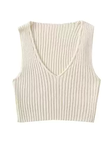 SweatyRocks Women's Ribbed Knit Crop Sleeveless V-Neck Sweater Vest Crop Tank Top Beige XS