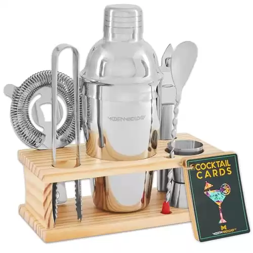 Mixology Bartender Kit - 8-Piece Silver Cocktail Shaker Set with Pine Wood Stand, Recipe Cards, and Bar Accessories Ideas