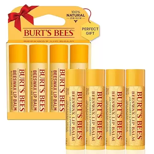 Burt's Bees Lip Balm Moisturizing Lip Care Christmas Gifts, Original Beeswax with Vitamin E & Peppermint Oil, 100% Natural (4-Pack)