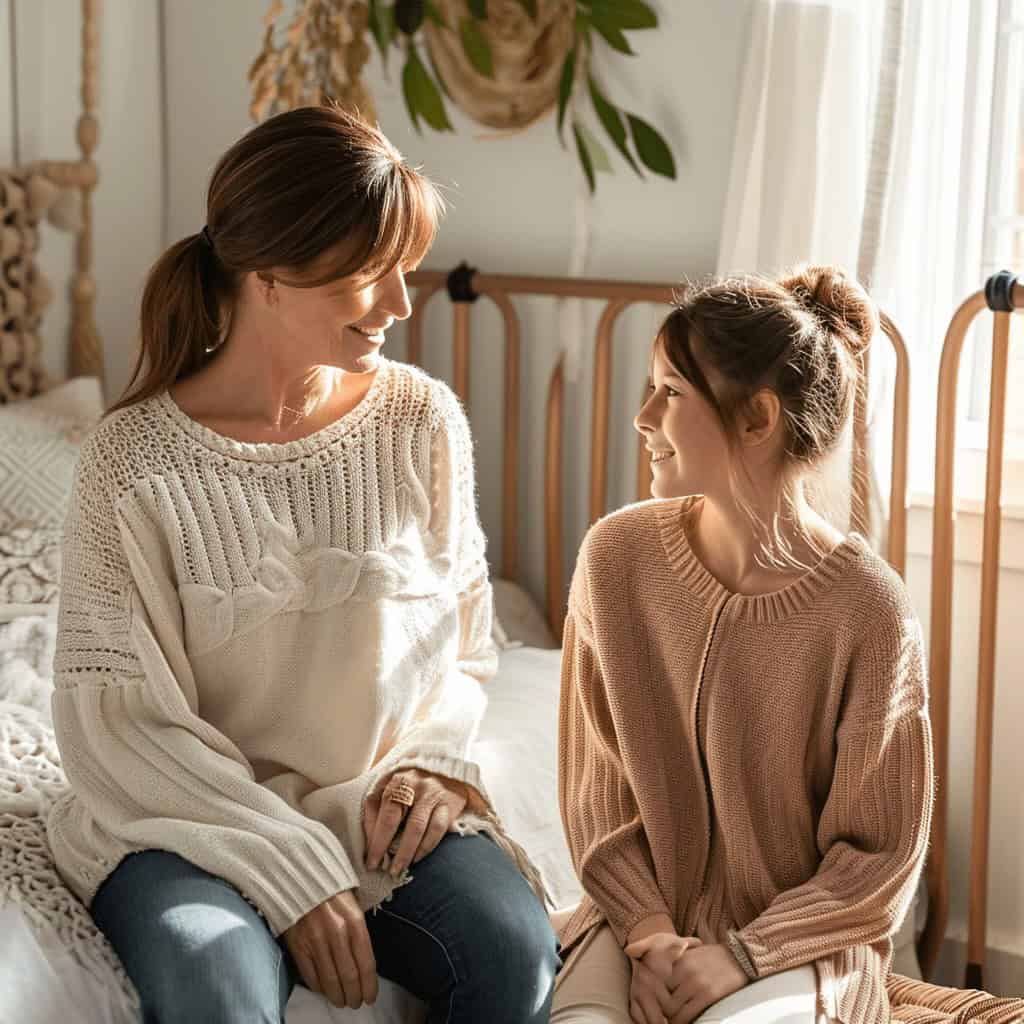 mom talking to teen daughter