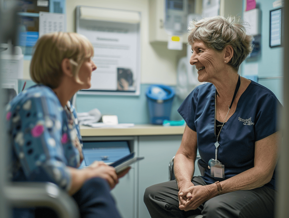 older woman discussing meneopause weight gain with doctor