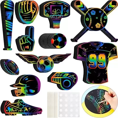 Qilery 70 Pcs Sports Scratch off Papers Scratch Paper Sets with 35 Pcs Wooden Stylus
