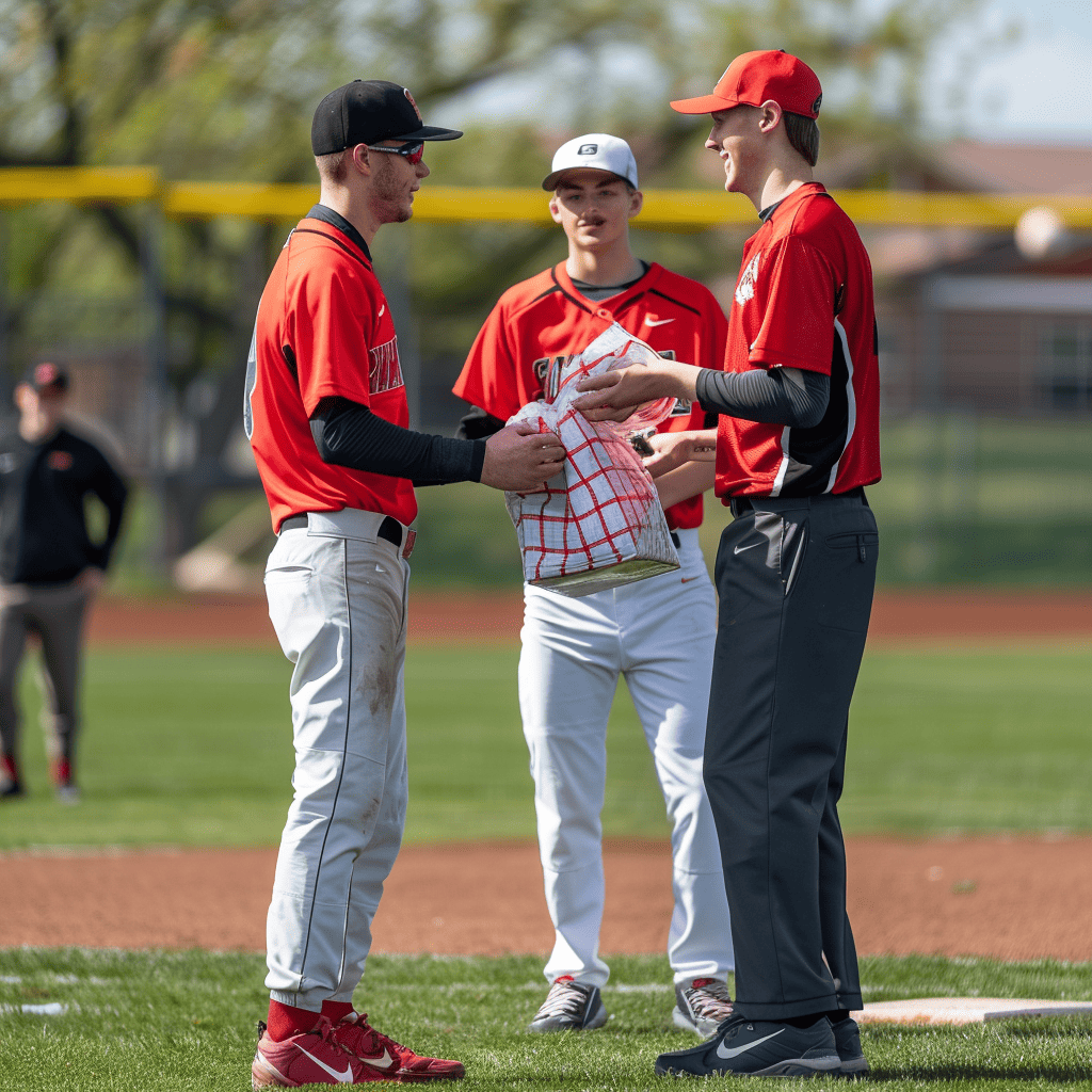 baseball player giving teammate gift on senior night | Fit Fun And Over 40 baseball player giving teammate gift on senior night