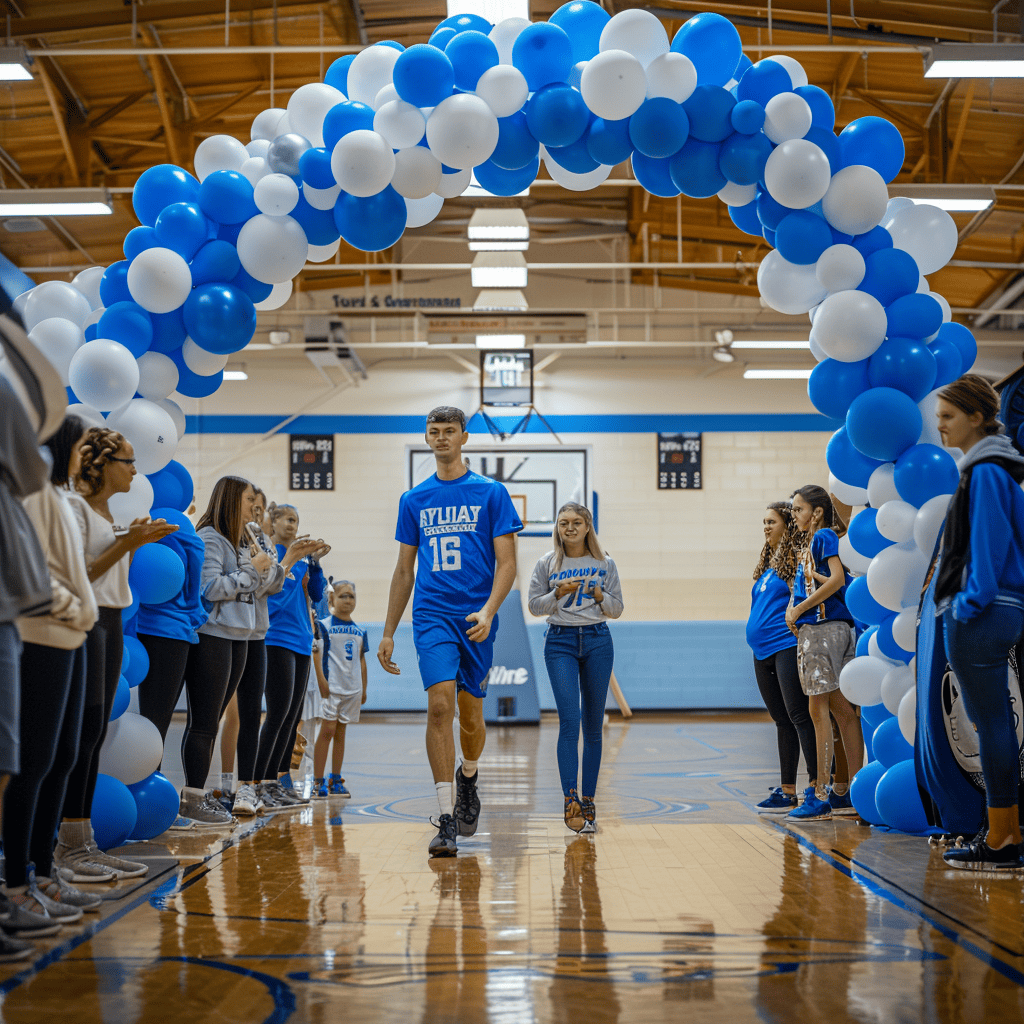 basketball player walking through balloon arch on senior night | Fit Fun And Over 40 basketball player walking through balloon arch on senior night