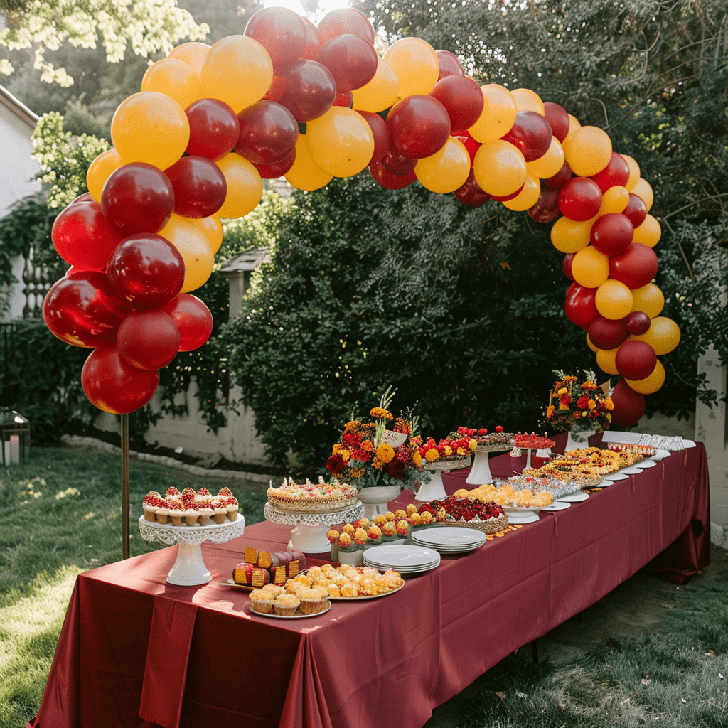 Yellow and crimson balloons over dessert table