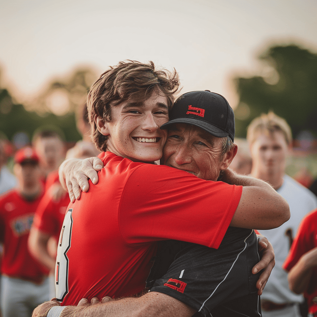 baseball player hugging coach on senior night