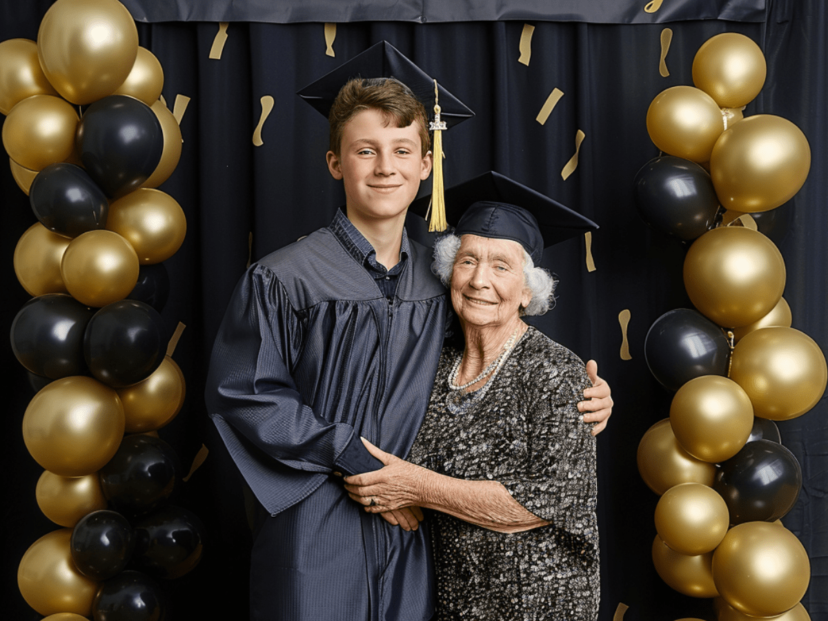 boy posing with grandma in photo booth