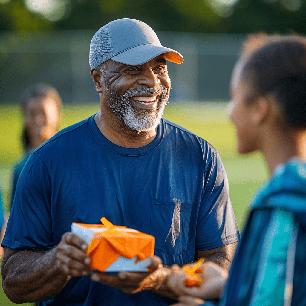 coach receiving gift on senior night | Fit Fun And Over 40 coach receiving gift on senior night