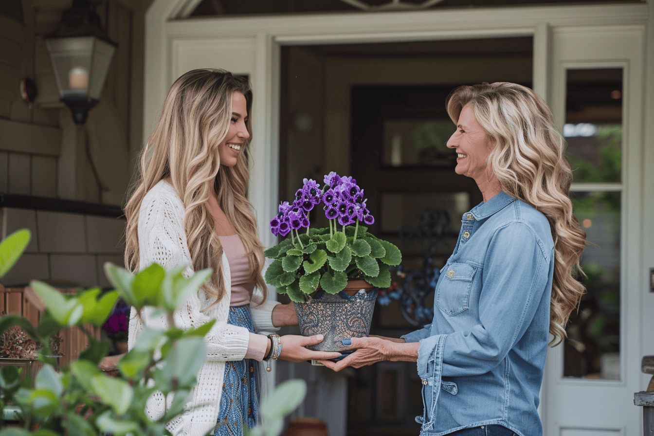 daughter giving mom african violet plant on mothers day