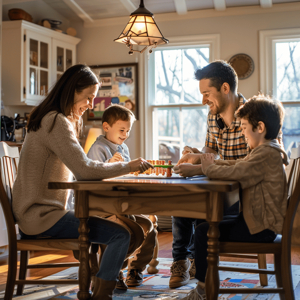 family playing board game on mothers day