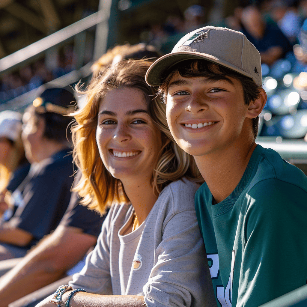 mom and teen son at baseball game