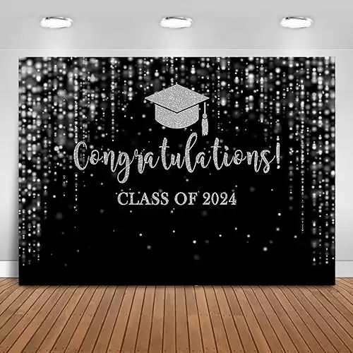 Mocsicka Class of 2024 Backdrop Black Silver Glitter Bokeh Graduation Party Background 2024 Congrats Grad Prom Party Cake Table Decoration Photo Booth Props (7x5ft)
