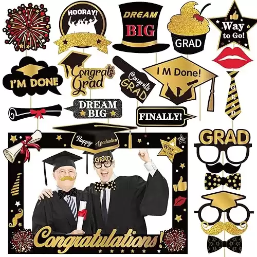 22 Pcs Black Gold Graduation Photo Booth Props 2024