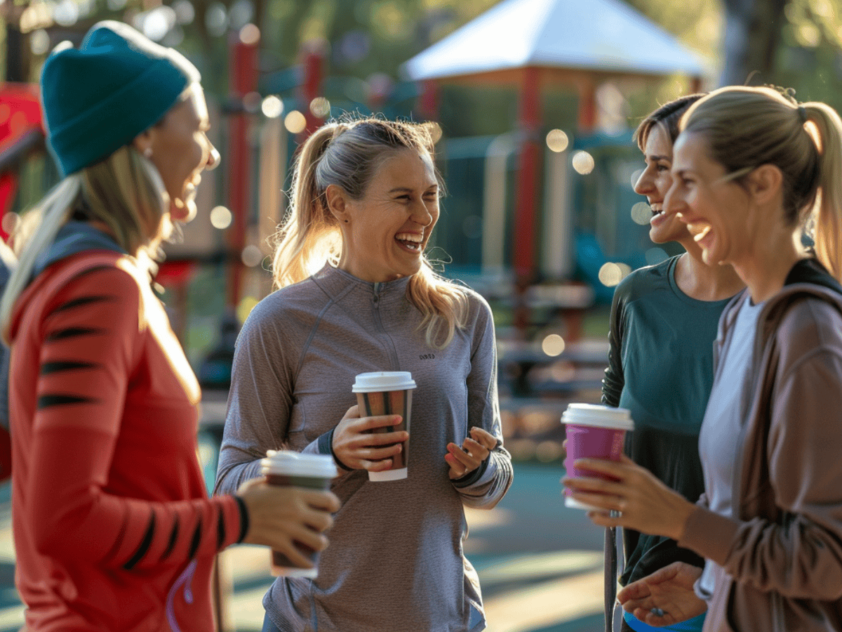 Enjoying a morning coffee and lively conversation among friends at an outdoor park, promoting health, fitness, and social connection for women over 40.