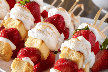 Strawberry and cake skewers with whipped cream on a platter, perfect for healthy over 40 snacks and celebrations.