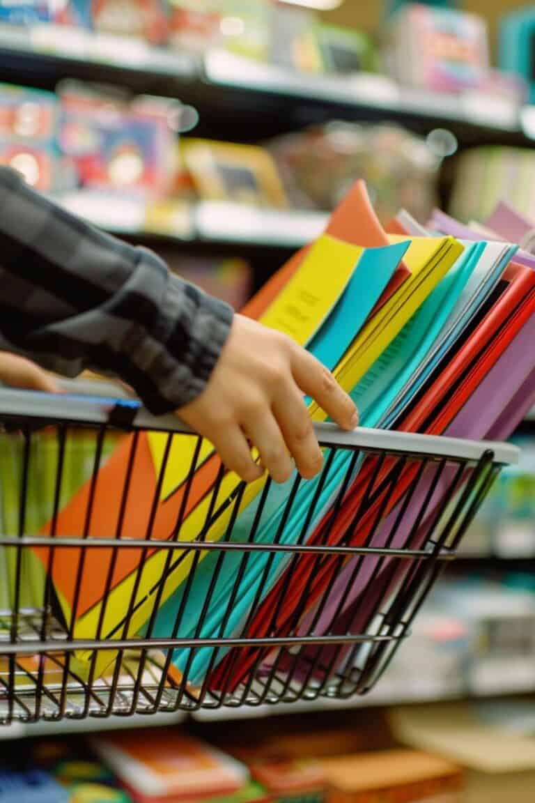 Colorful school notebooks in shopping basket for women over 40, back-to-school supplies for active lifestyle, fitness and fun over 40, healthy routines, vibrant stationery for mature women.