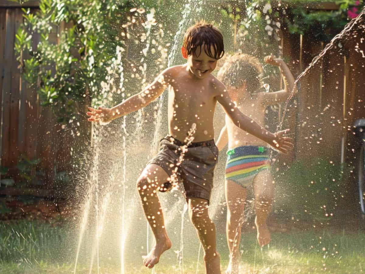 child playing in sprinkler