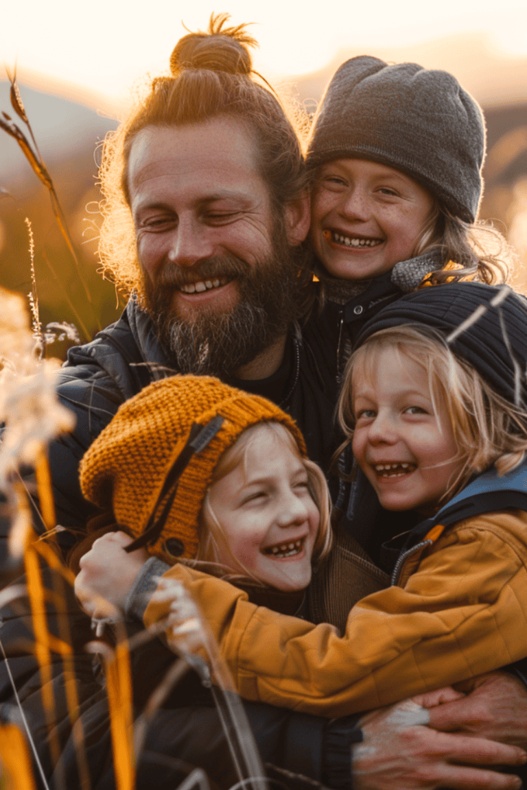 A joyful family outdoors at sunset, embracing and smiling, celebrating wellness and happiness over 40 with fitness, fun, and family bonding.