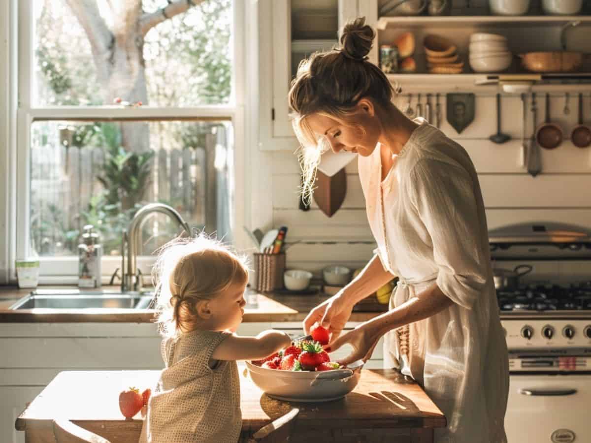 mom doing meal prep child helping