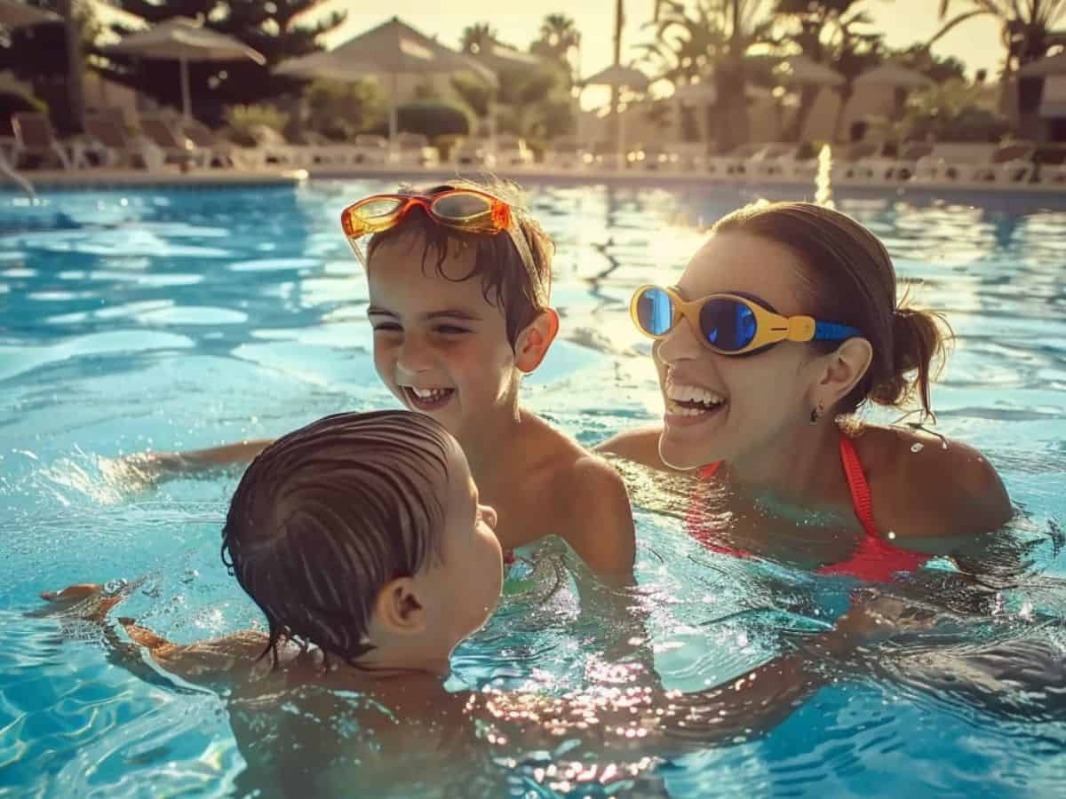 mom playing wither her kids in the pool