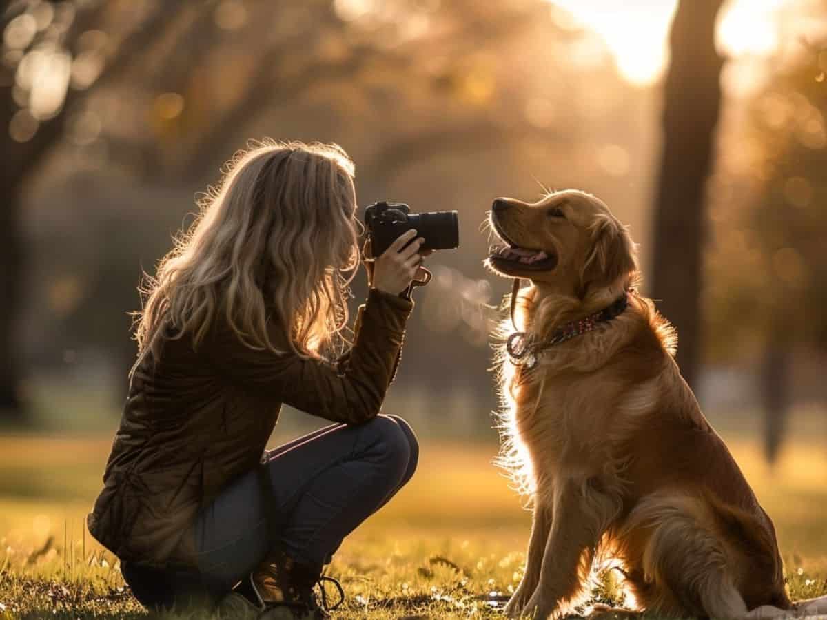 teenage girl photographing her dog