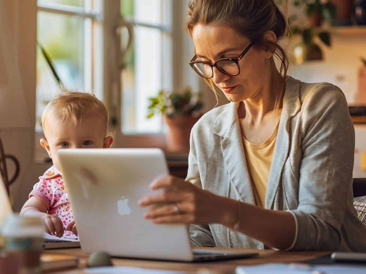 working mom balancing work and baby during summer