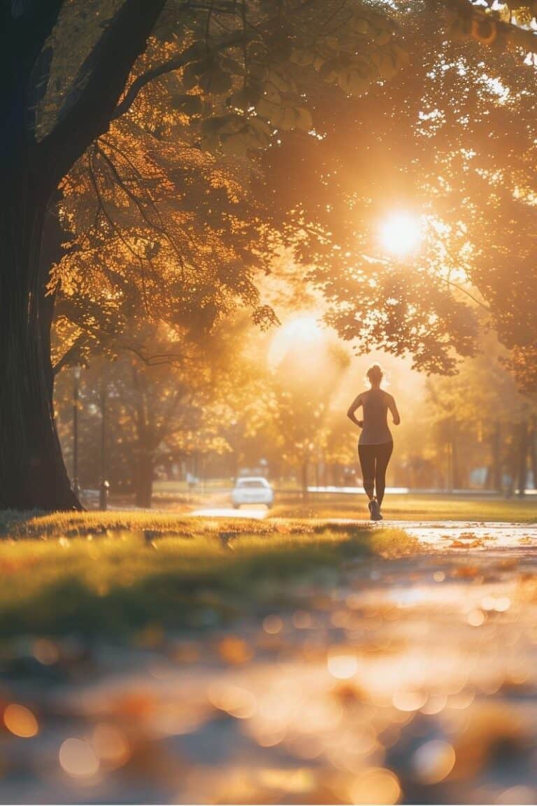 Sunset jogging in a park for women over 40, enjoying fitness and wellness during golden hour.
