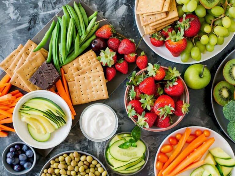 Fresh colorful fruits and healthy snacks for active women over 40, promoting fitness and wellness.