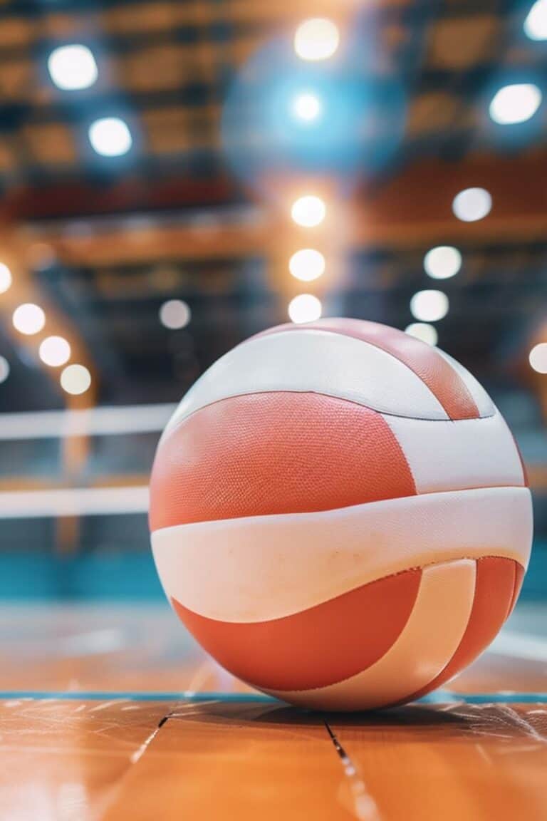 Vibrant volleyball on a wooden court at an indoor fitness facility, emphasizing active sports, fitness over 40, and healthy lifestyle for women.