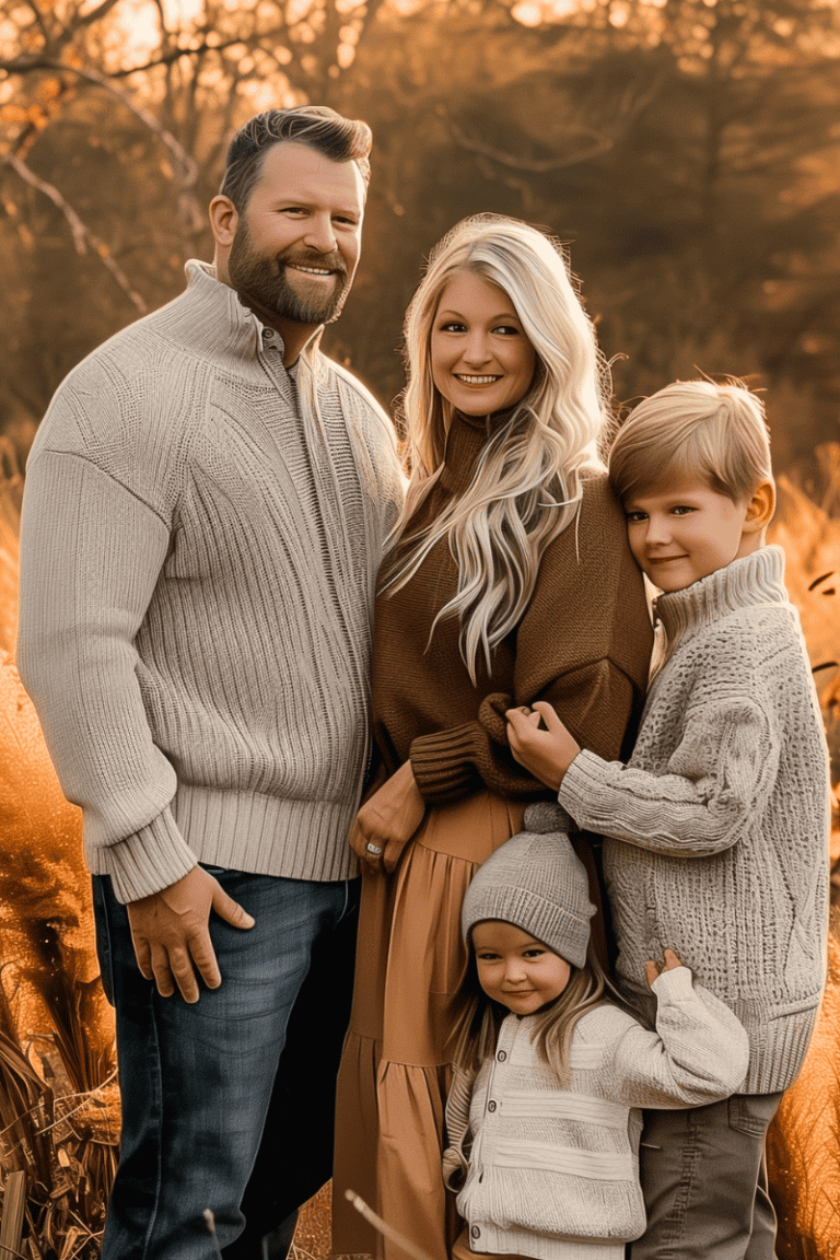 Growing family of four enjoying fall outdoors, dressed in cozy sweaters, in a scenic autumn landscape, promoting health, fitness, and wellness for those over 40.