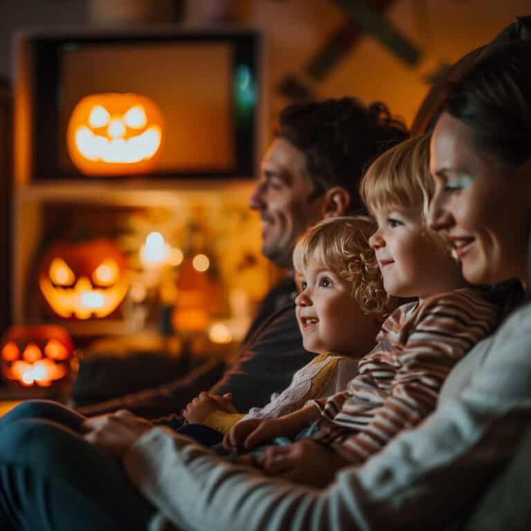 Cozy family watching Halloween movies with Jack-o'-lanterns on TV in a festive, dimly lit living room for fall fun.
