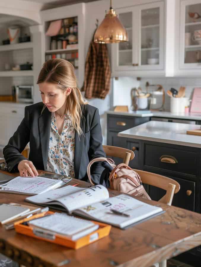 mom working at kitchen table with child's backpack on chair