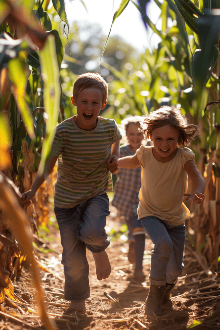 Children running joyfully through a cornfield during daytime, showcasing fun outdoor activities for families over 40 focusing on health, fitness, and active lifestyle.