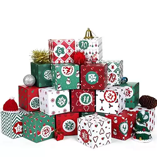 Christmas Advent Calendar 2024, 24 Cardboard Treasure Boxes with 1-24 Number Stickers Christmas Countdown Calendar