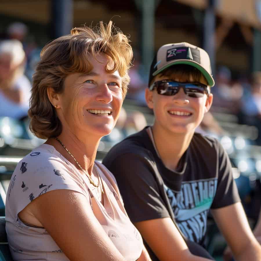 mom and son attending baseball game