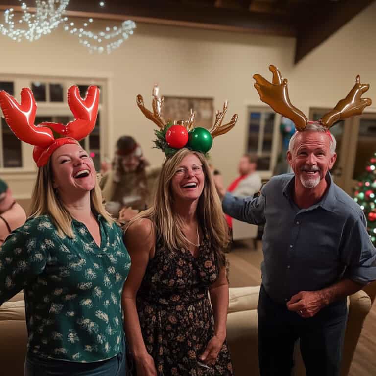 Festive holiday party with joyful middle-aged adults wearing reindeer antler headbands and holiday hats, celebrating Christmas in a cozy, decorated home environment for over 40 fitness and wellness.