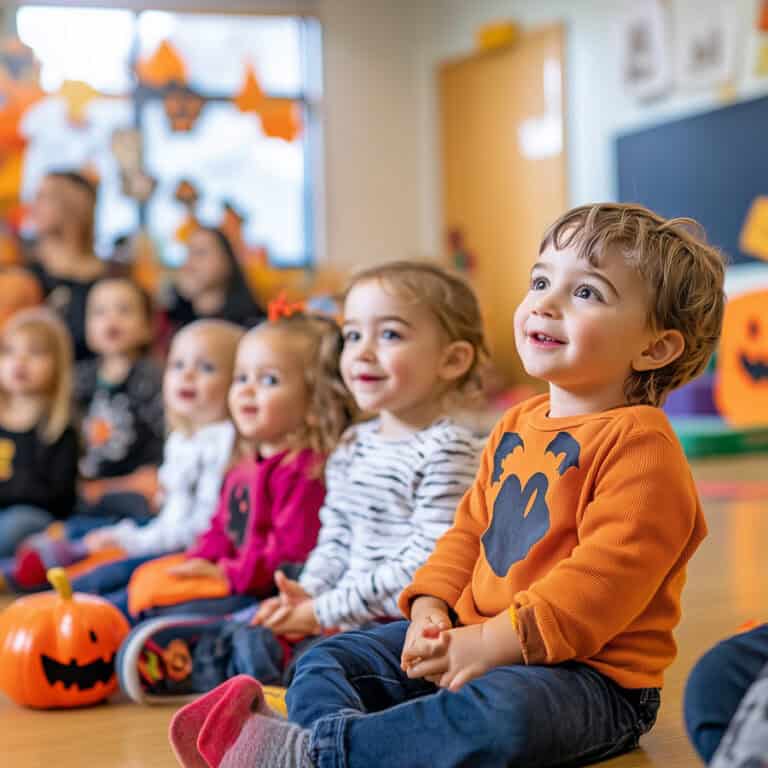 Children participating in Halloween-themed classroom event, dressed in festive costumes with pumpkins, enjoying fun activities in school setting.