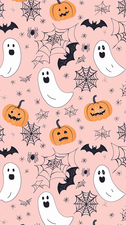 ghosts and pumpkins and bats on pink background