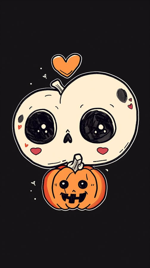 skeleton skull and tiny pumpkin