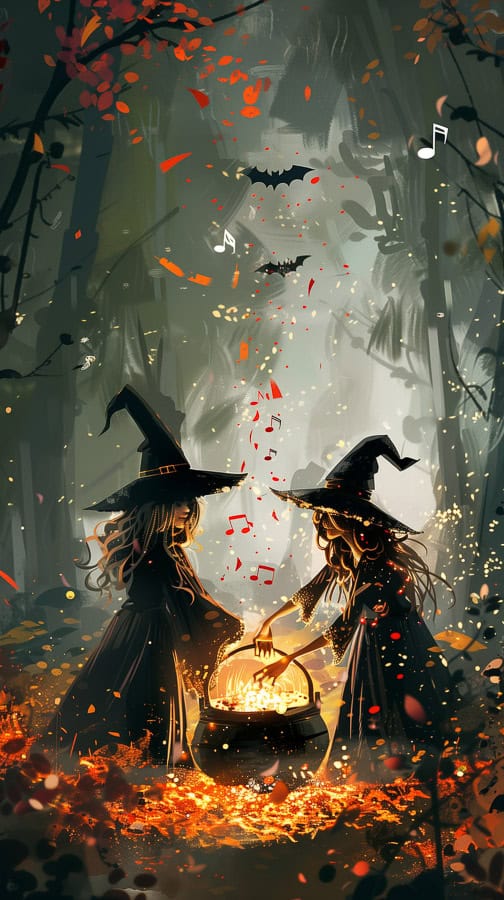 Witches cooking over cauldron