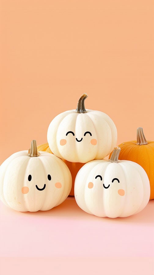 three smiling white pumpkins on orange and pink background