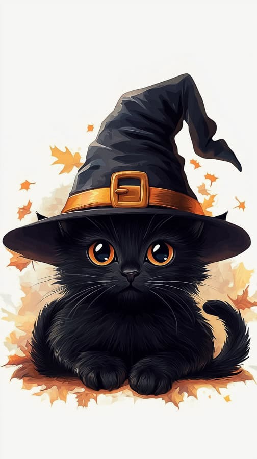 fluffy black cat in witch hat