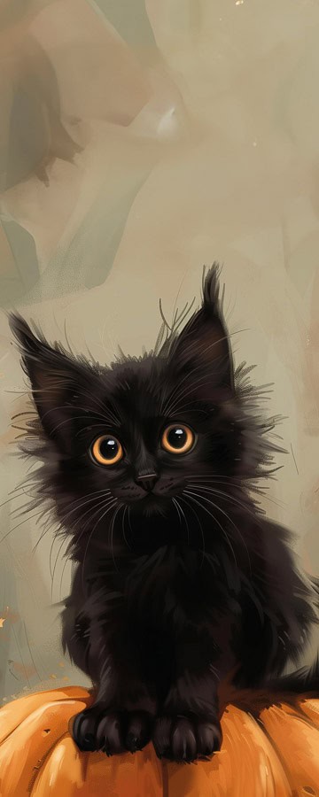 fluffy black cat on pumpkin
